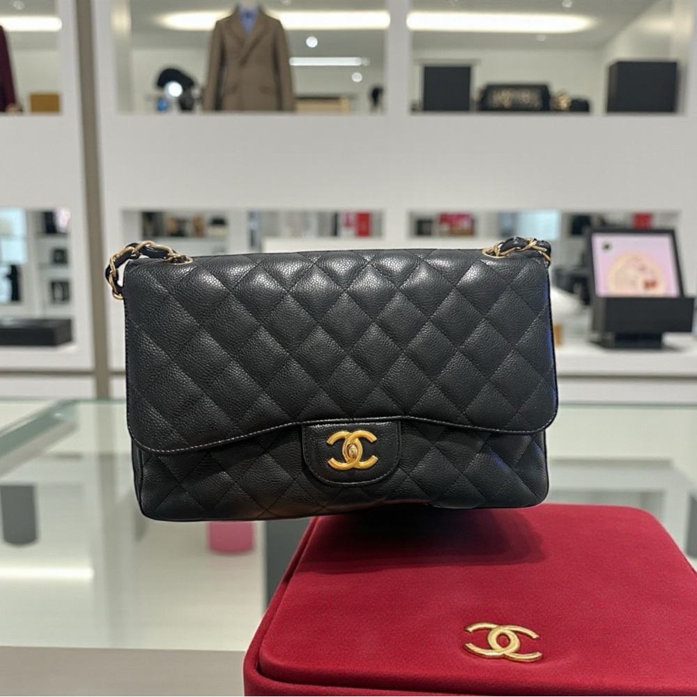 Chanel Jumbo Black Quilted Caviar Double Flap in Gold Hardware